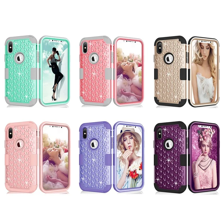 3-piece Starry Sky Rhinestone PC + Silicone Hybrid Case for iPhone X - Pink
