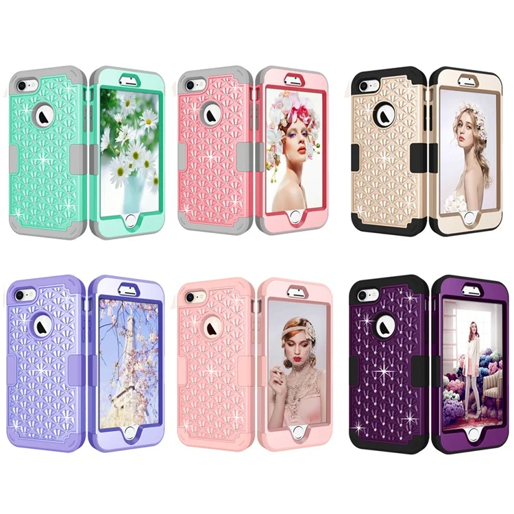 3-Piece Starry Sky Rhinestone PC + Silicone Hybrid Case for iPhone 8/7 - Pink