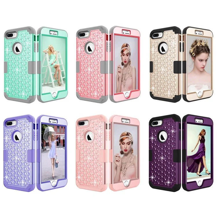 3-piece Starry Sky Rhinestone PC + Silicone Hybrid Phone Case for iPhone 8 Plus / 7 Plus 5.5 inch - Pink