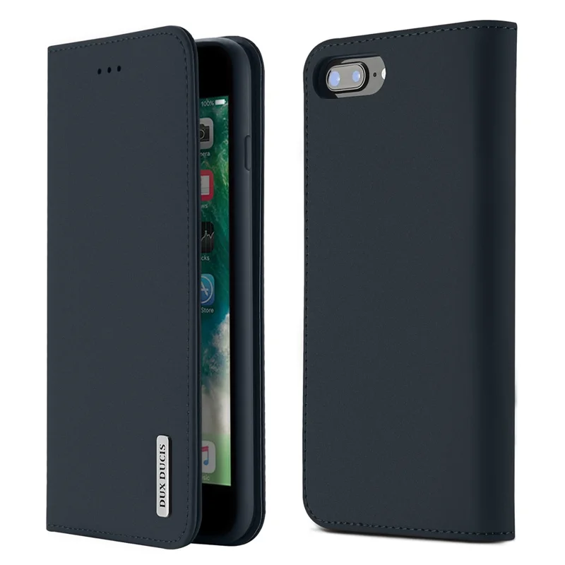 DUX DUCIS Wish Series CNAS / CMA certified Wallet Genuine Leather Casing Stand for iPhone 8 Plus / 7 Plus 5.5 inch - Dark Blue