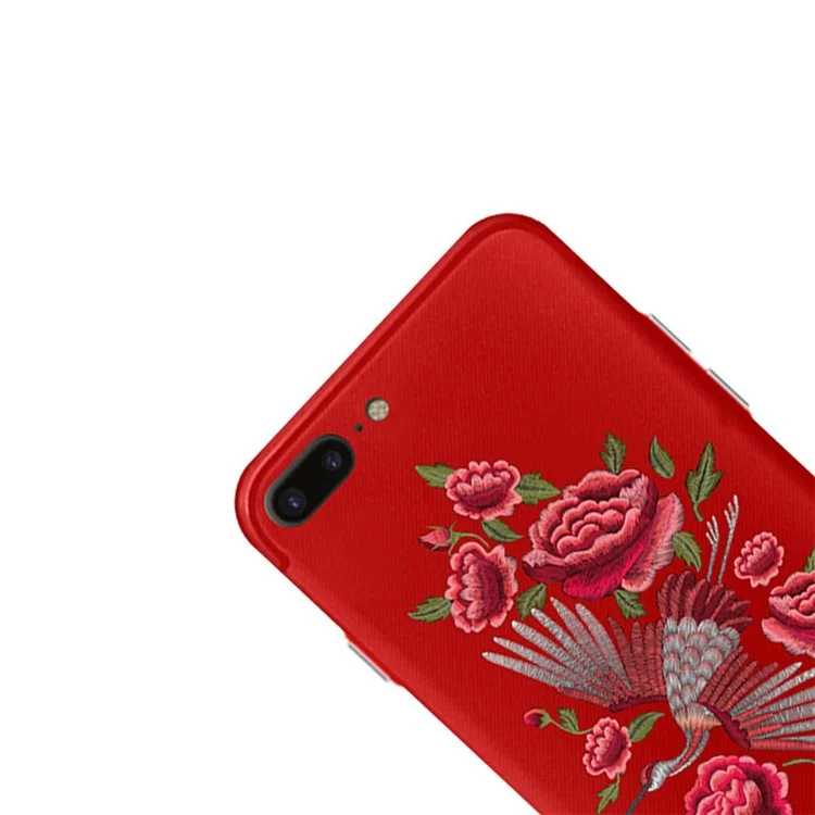 NXE Traditional Peony Animal Embroidery PC + TPU Hybrid Case for iPhone 8 Plus / 7 Plus - Crane on Red Background