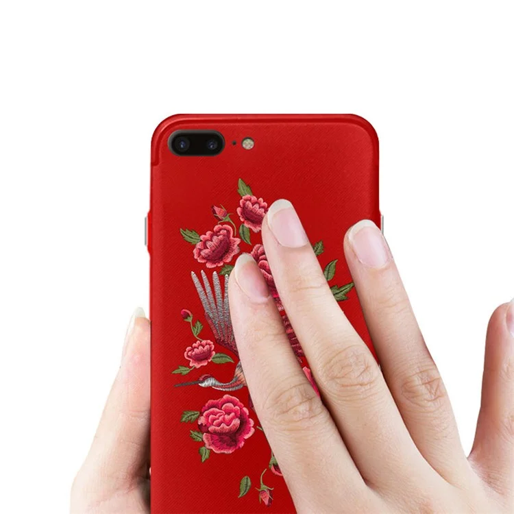 NXE Traditional Peony Animal Embroidery PC + TPU Hybrid Case for iPhone 8 Plus / 7 Plus - Crane on Red Background