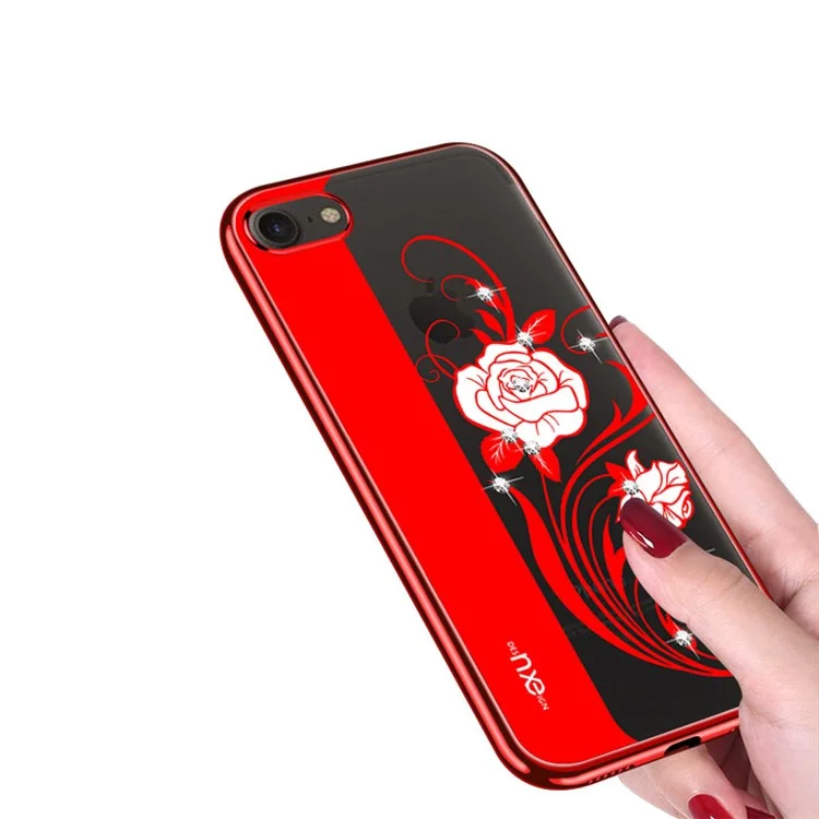 NXE Rhinestone Decor Embossment Flower Pattern TPU Phone Case for iPhone 8 / 7 4.7 inch - Red Elegance Peonies