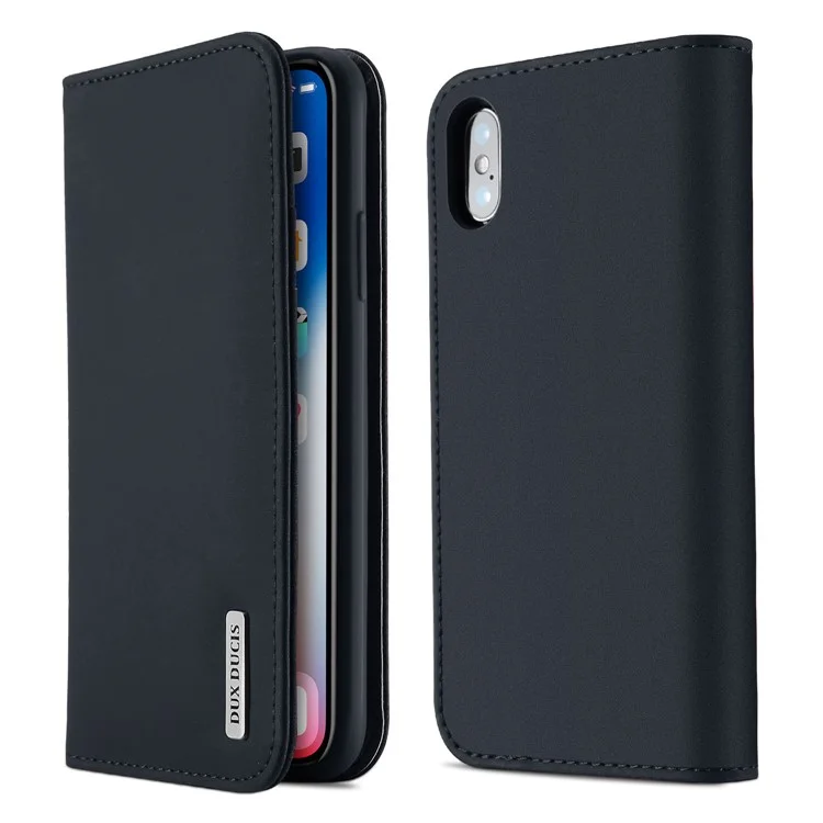 DUX DUCIS Wish Series CNAS/CMA Certified Wallet Adjustable Stand Design Genuine Leather Phone Case for iPhone X - Dark Blue