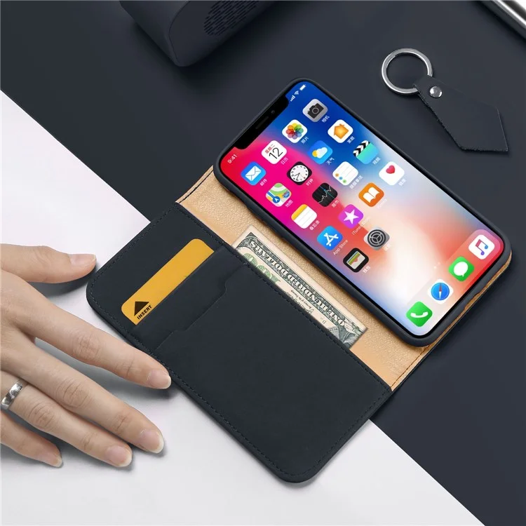 DUX DUCIS Wish Series CNAS/CMA Certified Wallet Adjustable Stand Design Genuine Leather Phone Case for iPhone X - Dark Blue