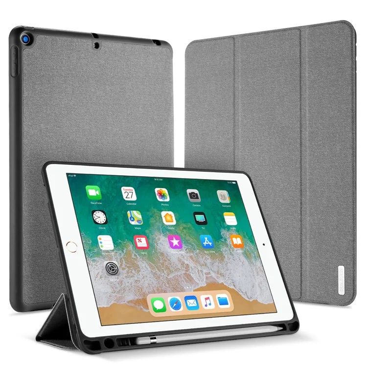 DUX DUCIS DOMO Series Tri-fold Stand PU Leather Smart Auto Wake/Sleep Cover with Pen Groove for iPad 9.7-inch (2018) / (2017) - Grey