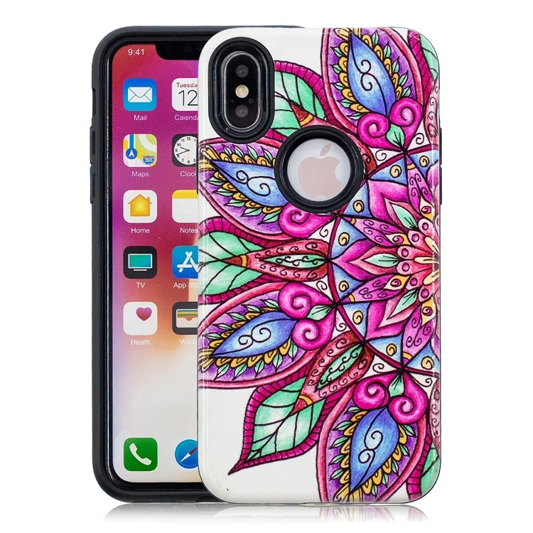 Embossment Patterned PC + TPU Hybrid Case for iPhone X - Half Mandala Flower
