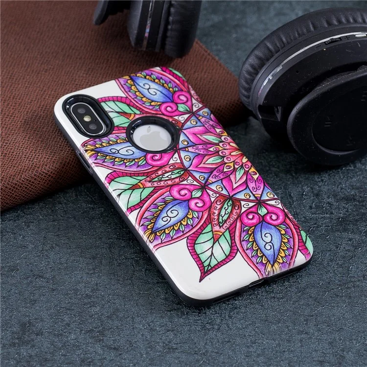 Embossment Patterned PC + TPU Hybrid Case for iPhone X - Half Mandala Flower