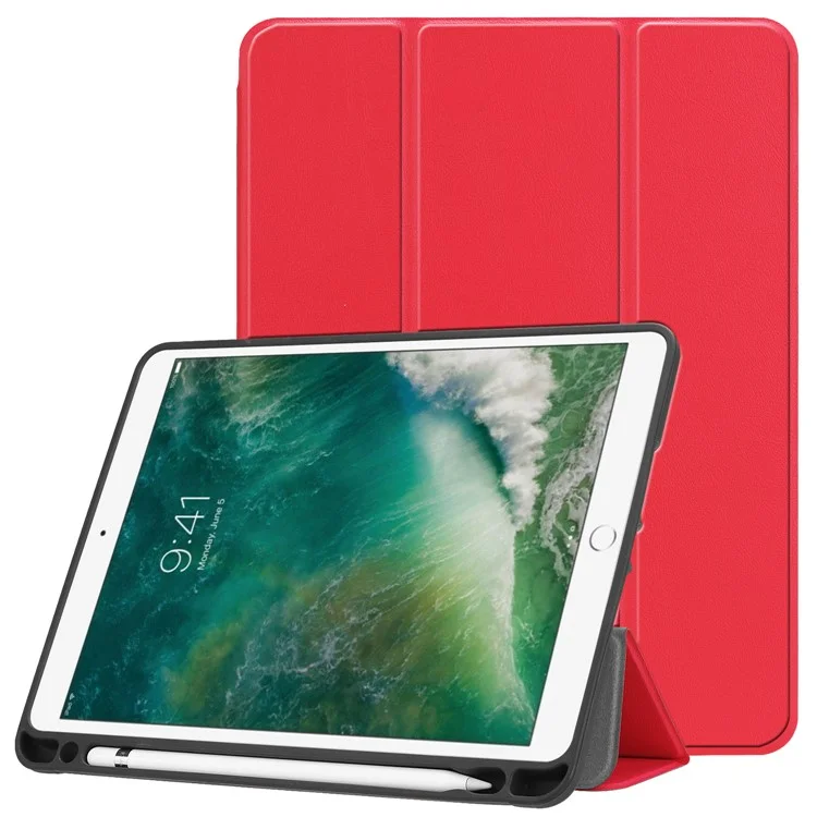 Tri-fold Stand Smart Leather Tablet Protective Casing with Pen Slot for iPad 9.7-inch (2018) / 9.7-inch (2017) - Red