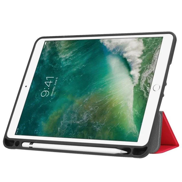 Tri-fold Stand Smart Leather Tablet Protective Casing with Pen Slot for iPad 9.7-inch (2018) / 9.7-inch (2017) - Red