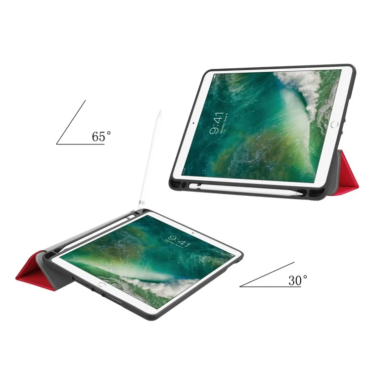 Tri-fold Stand Smart Leather Tablet Protective Casing with Pen Slot for iPad 9.7-inch (2018) / 9.7-inch (2017) - Red