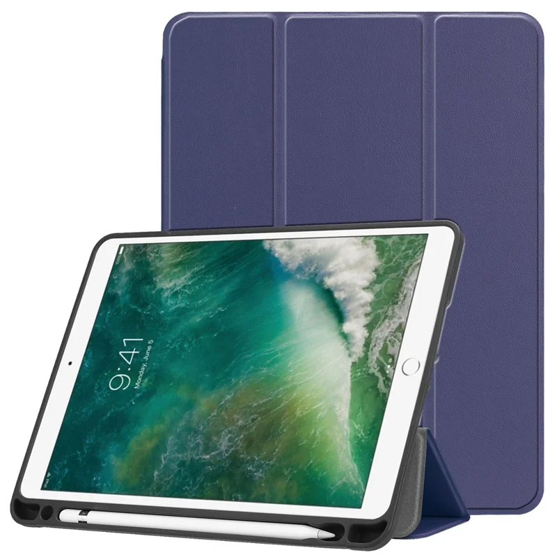Tri-fold Stand Smart Leather Tablet Protective Casing with Pen Slot for iPad 9.7-inch (2018) / 9.7-inch (2017) - Dark Blue