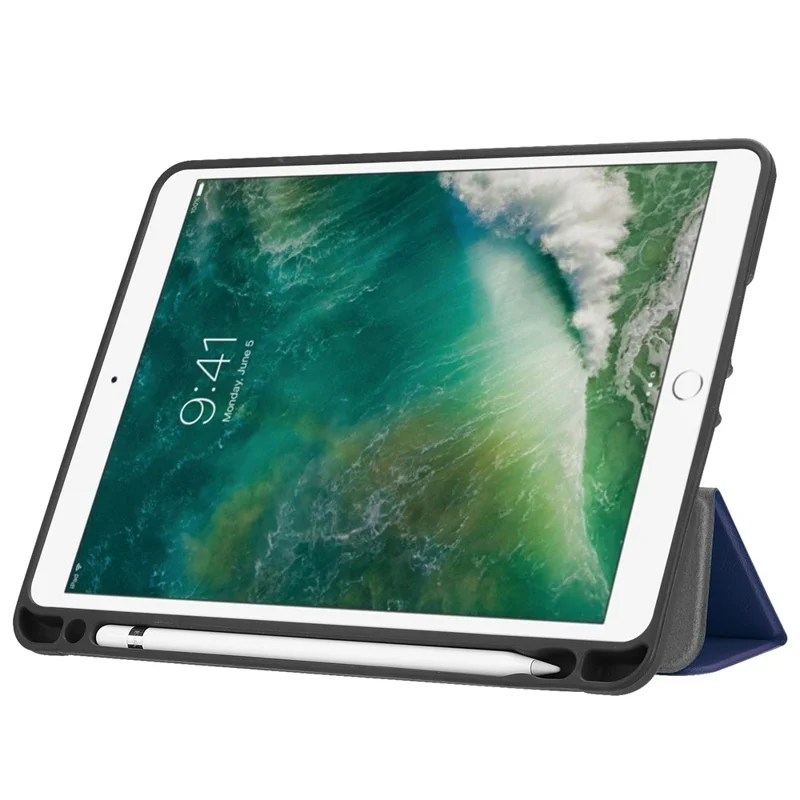 Tri-fold Stand Smart Leather Tablet Protective Casing with Pen Slot for iPad 9.7-inch (2018) / 9.7-inch (2017) - Dark Blue