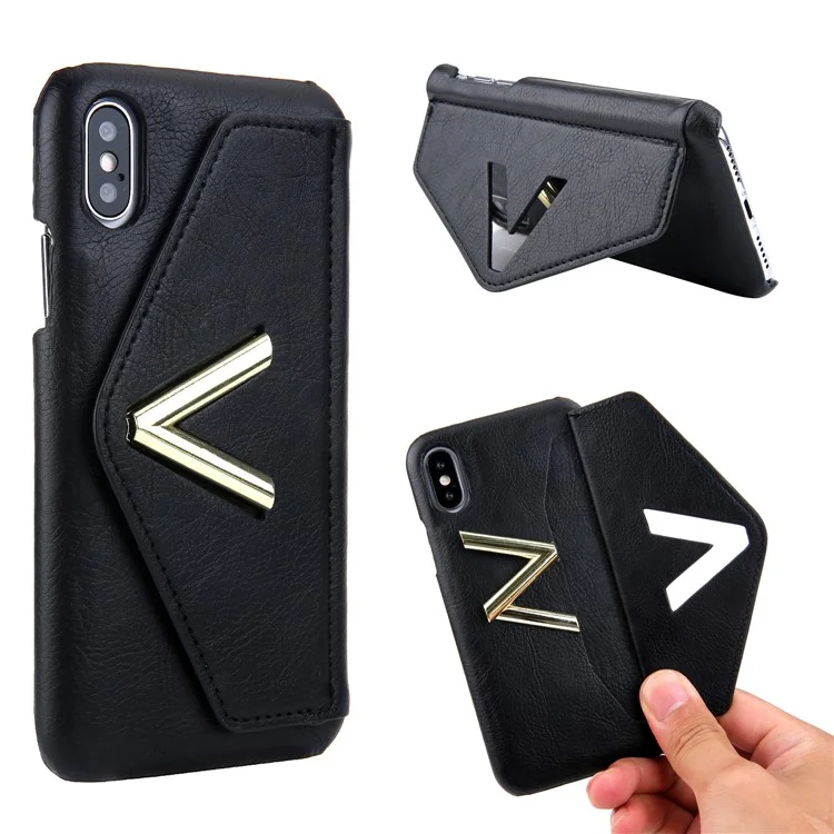 NV Rotary PU Leather Coated PC Case with Kickstand and Card Holder for iPhone X - Black