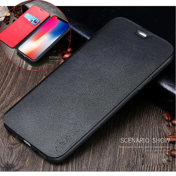 X-LEVEL Card Holder Leather Flip Phone Case for iPhone X - Black