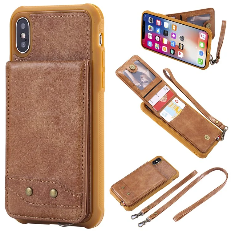 PU leather Coated TPU Card Holder Phone Case with Kickstand for iPhone X (Ten) with 2 Straps - Brown