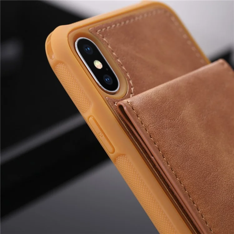 PU leather Coated TPU Card Holder Phone Case with Kickstand for iPhone X (Ten) with 2 Straps - Brown