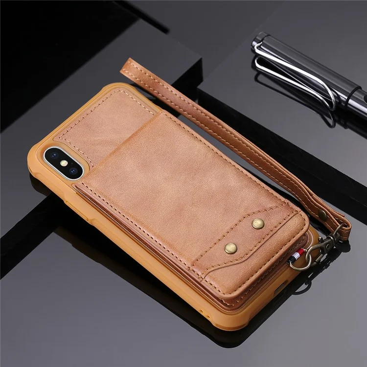 PU leather Coated TPU Card Holder Phone Case with Kickstand for iPhone X (Ten) with 2 Straps - Brown