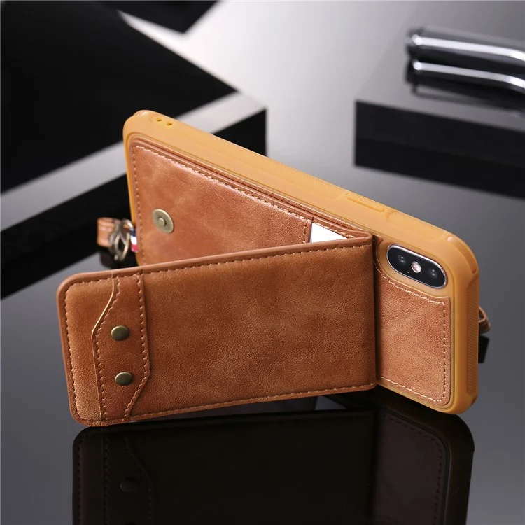 PU leather Coated TPU Card Holder Phone Case with Kickstand for iPhone X (Ten) with 2 Straps - Brown