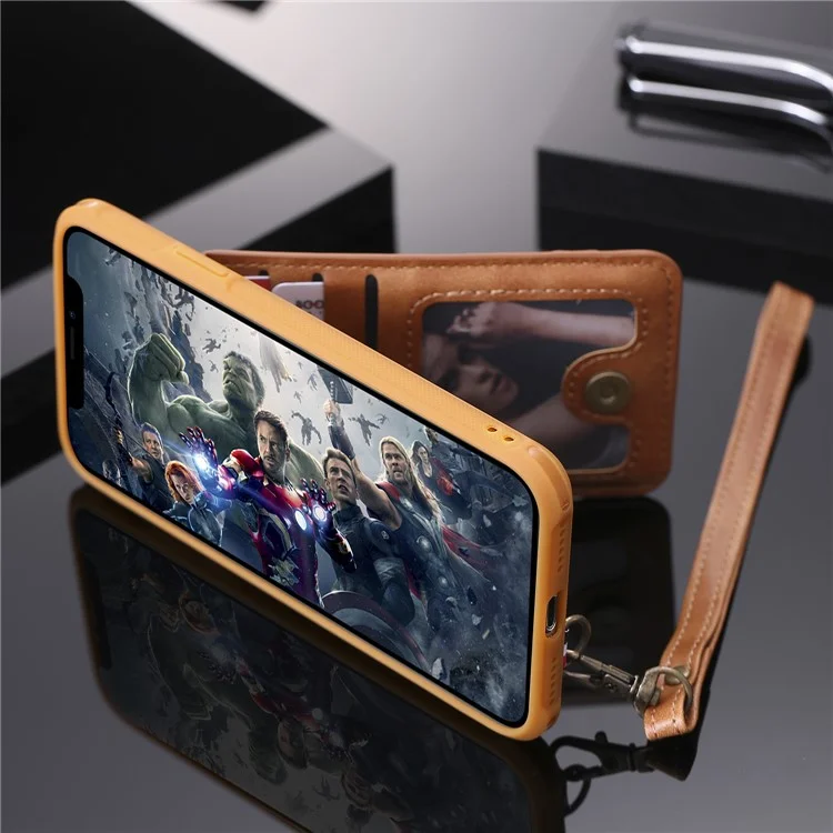 PU leather Coated TPU Card Holder Phone Case with Kickstand for iPhone X (Ten) with 2 Straps - Brown
