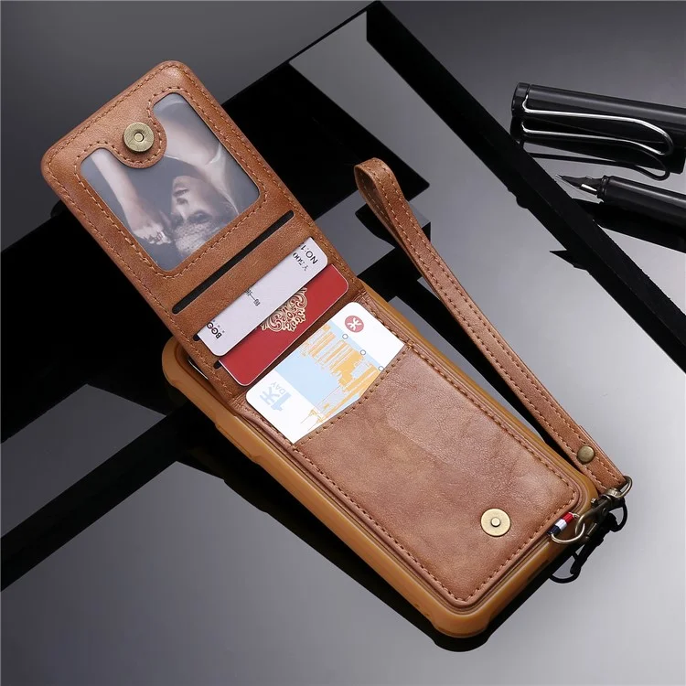 PU leather Coated TPU Card Holder Phone Case with Kickstand for iPhone X (Ten) with 2 Straps - Brown