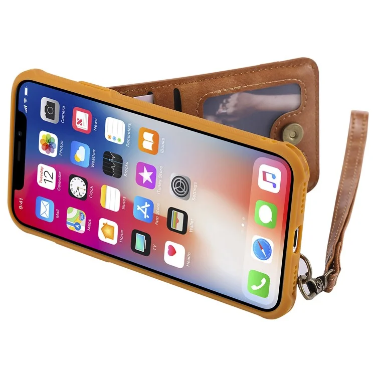 PU leather Coated TPU Card Holder Phone Case with Kickstand for iPhone X (Ten) with 2 Straps - Brown