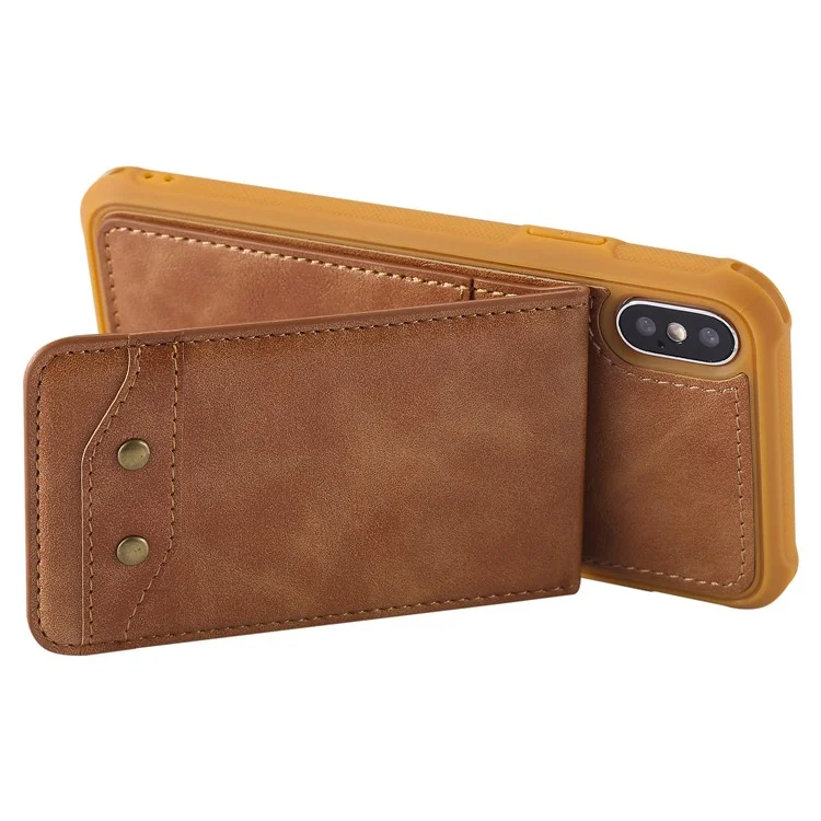 PU leather Coated TPU Card Holder Phone Case with Kickstand for iPhone X (Ten) with 2 Straps - Brown