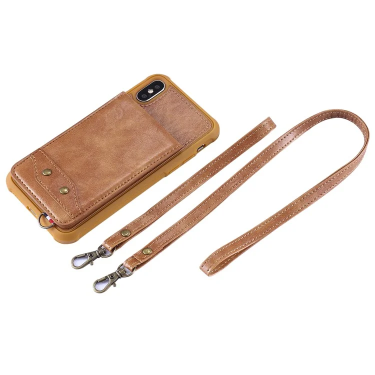PU leather Coated TPU Card Holder Phone Case with Kickstand for iPhone X (Ten) with 2 Straps - Brown