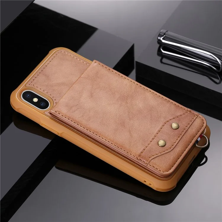 PU leather Coated TPU Card Holder Phone Case with Kickstand for iPhone X (Ten) with 2 Straps - Brown