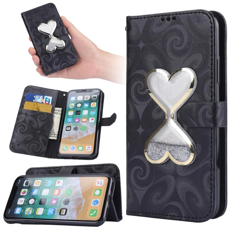 Spiral Texture Double Hearts Quick Sand Leather Wallet Case for iPhone X(Ten) 5.8 inch - Black