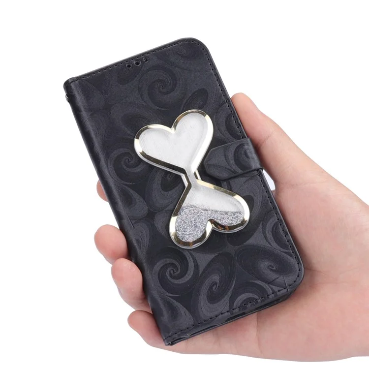 Spiral Texture Double Hearts Quick Sand Leather Wallet Case for iPhone X(Ten) 5.8 inch - Black