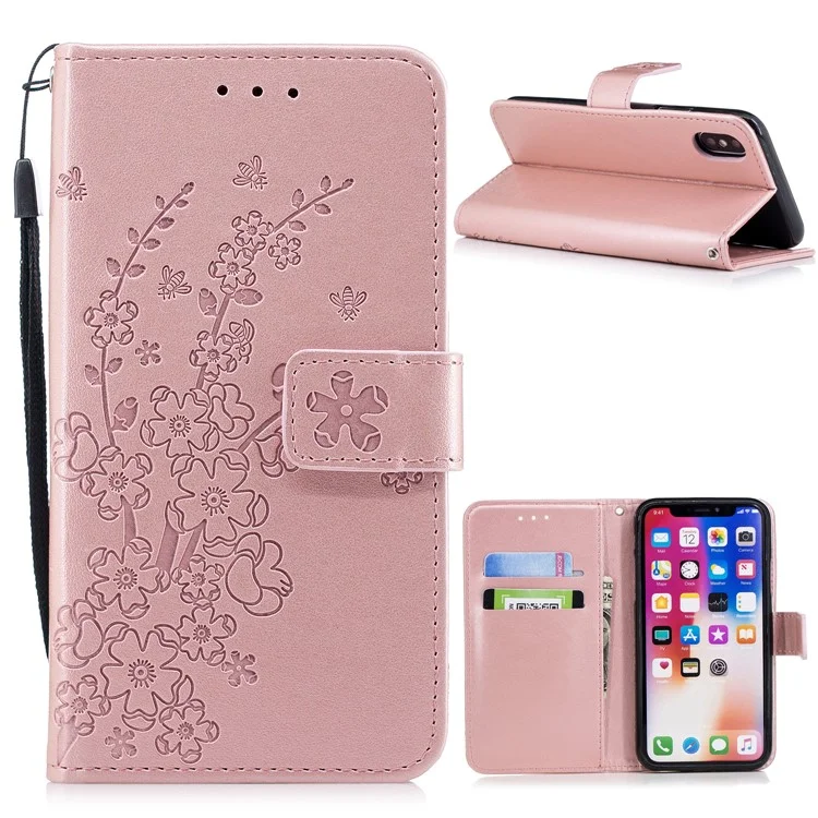 Imprinted Plum Blossom Leather Wallet Stand Case for iPhone X - Rose Gold