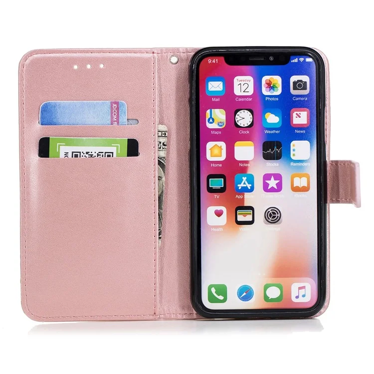 Imprinted Plum Blossom Leather Wallet Stand Case for iPhone X - Rose Gold