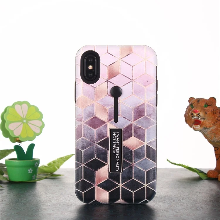Pattern Printing Embossment Rhombus Pattern TPU + PC Hybrid Case with Kickstand for iPhone X - Pink