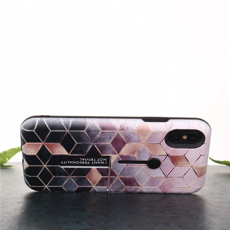 Pattern Printing Embossment Rhombus Pattern TPU + PC Hybrid Case with Kickstand for iPhone X - Pink