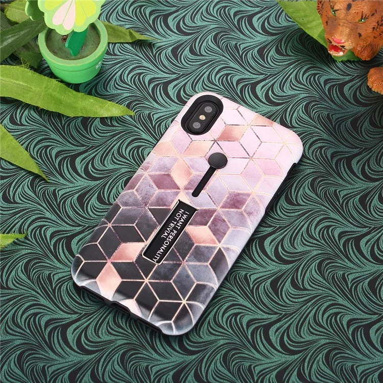 Pattern Printing Embossment Rhombus Pattern TPU + PC Hybrid Case with Kickstand for iPhone X - Pink