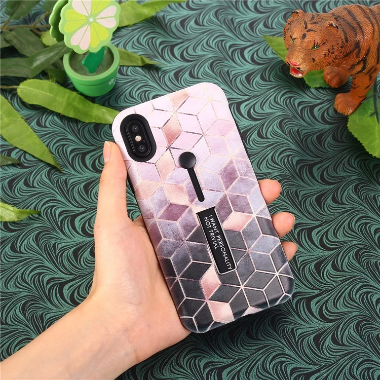 Pattern Printing Embossment Rhombus Pattern TPU + PC Hybrid Case with Kickstand for iPhone X - Pink