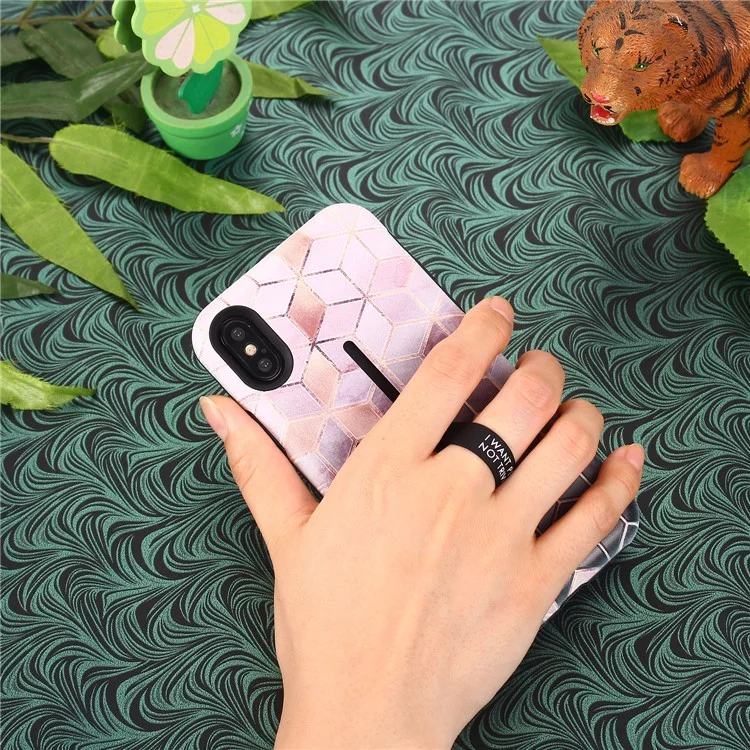 Pattern Printing Embossment Rhombus Pattern TPU + PC Hybrid Case with Kickstand for iPhone X - Pink
