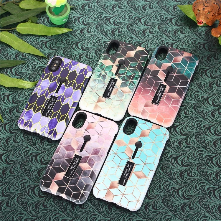 Pattern Printing Embossment Rhombus Pattern TPU + PC Hybrid Case with Kickstand for iPhone X - Pink
