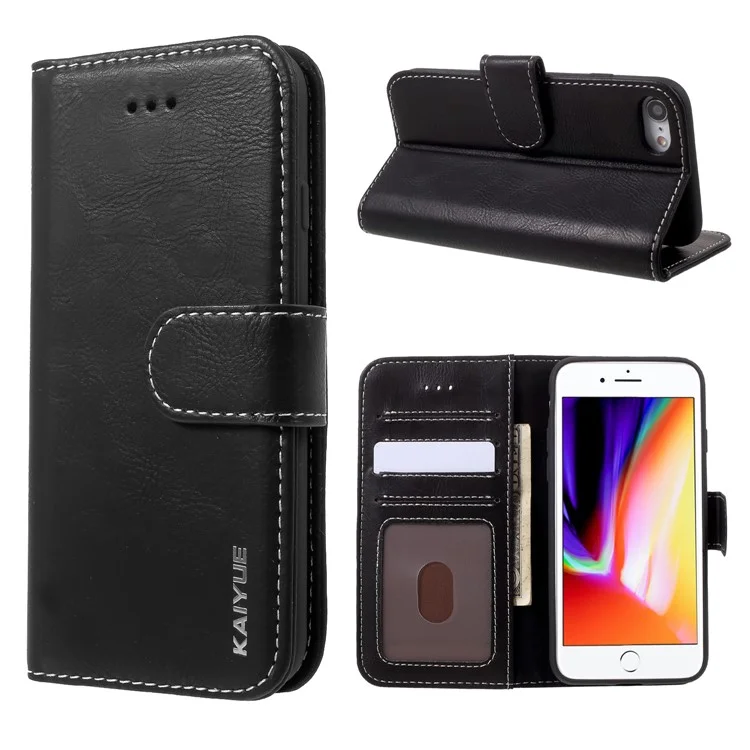 KAIYUE Genuine Leather Wallet Stand Phone Shell for iPhone 8/7 4.7 inch - Black
