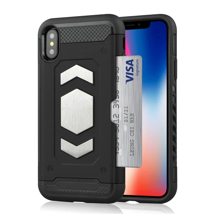 PC + TPU Combo Card Holder Casing with Kickstand for iPhone X - Black