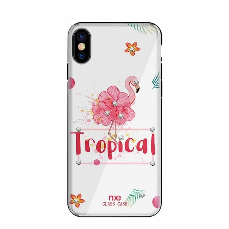 NXE Flamingo Pattern Rhinestone Decor TPU + PC + Glass Case for iPhone X - Tropical