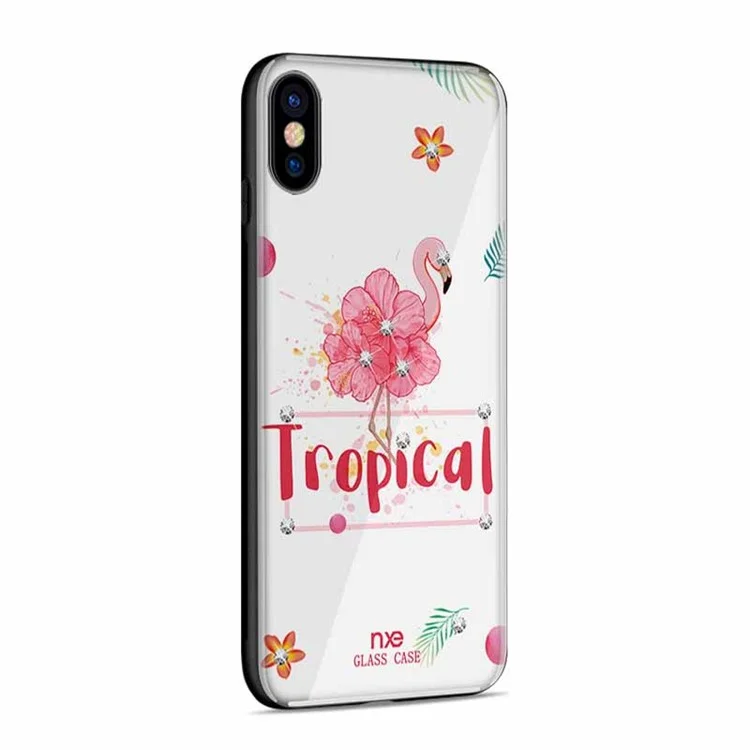 NXE Flamingo Pattern Rhinestone Decor TPU + PC + Glass Case for iPhone X - Tropical