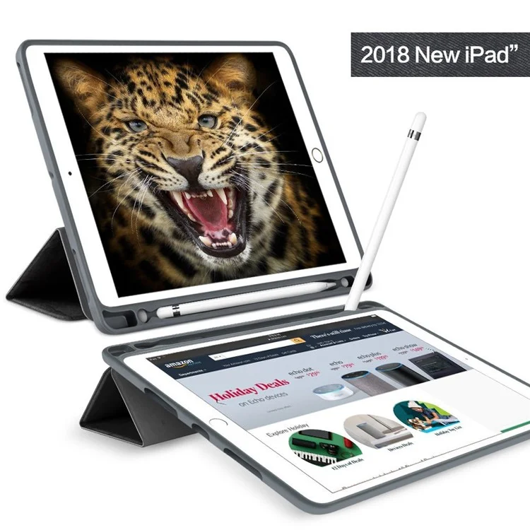 Tri-fold Stand Smart Leather Tablet Case with Pen Slot for iPad 9.7-inch (2018) - Black