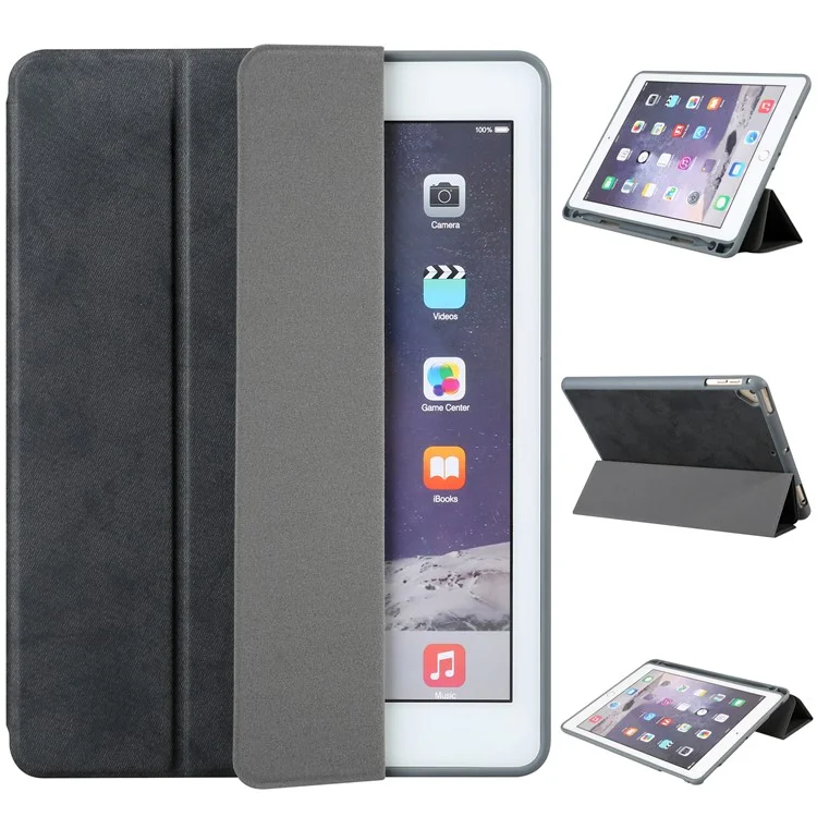 Tri-fold Stand Smart Leather Tablet Case with Pen Slot for iPad 9.7-inch (2018) - Black