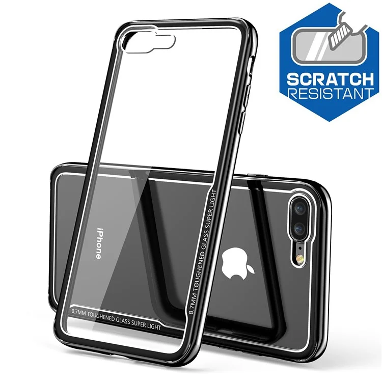 Shockproof Plated TPU Frame + Glass Back Hybrid Case for iPhone 8 Plus/7 Plus - Black