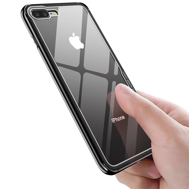 Shockproof Plated TPU Frame + Glass Back Hybrid Case for iPhone 8 Plus/7 Plus - Black