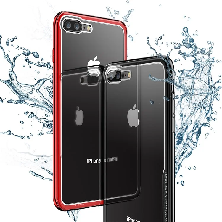 Shockproof Plated TPU Frame + Glass Back Hybrid Case for iPhone 8 Plus/7 Plus - Black