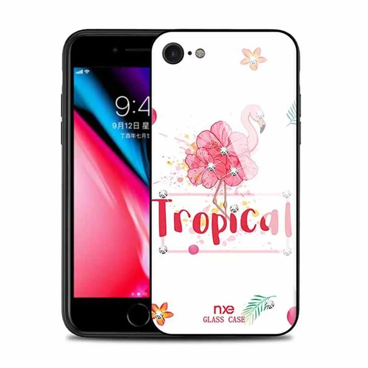 NXE Rhinestone Decor Pattern Printing 9H Glass + TPU + PC Hybrid Case for iPhone 8/7 4.7 inch - Style 1