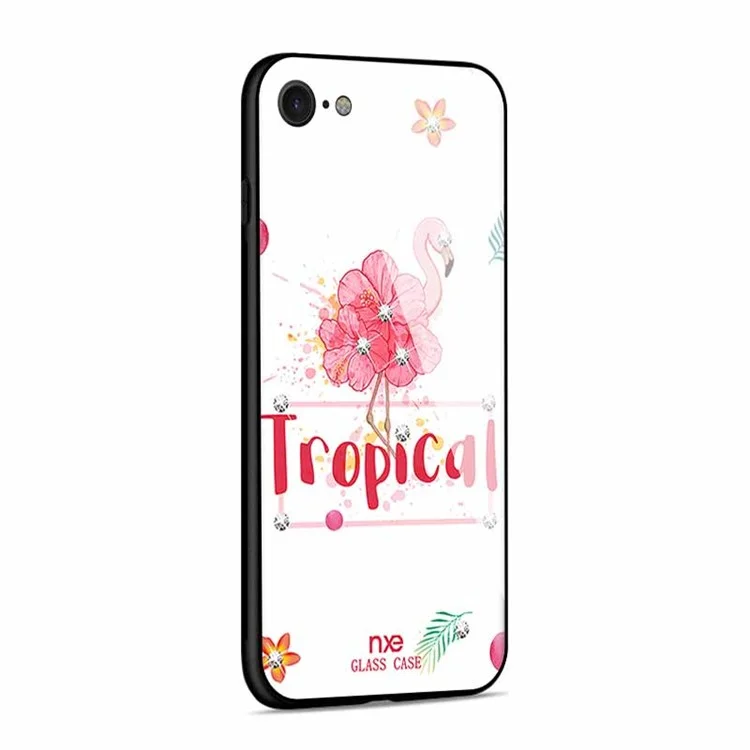 NXE Rhinestone Decor Pattern Printing 9H Glass + TPU + PC Hybrid Case for iPhone 8/7 4.7 inch - Style 1